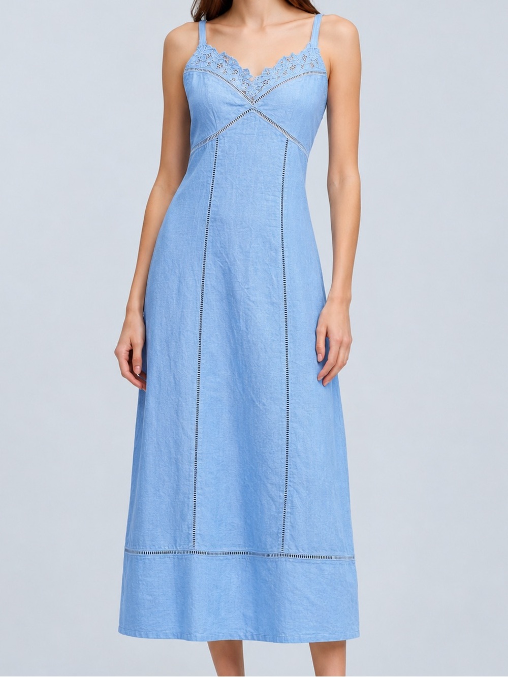 🆕 🦋Madewell Blue Linen Blend Lace Trim Midi Dress Size 14 Casual Summer Party